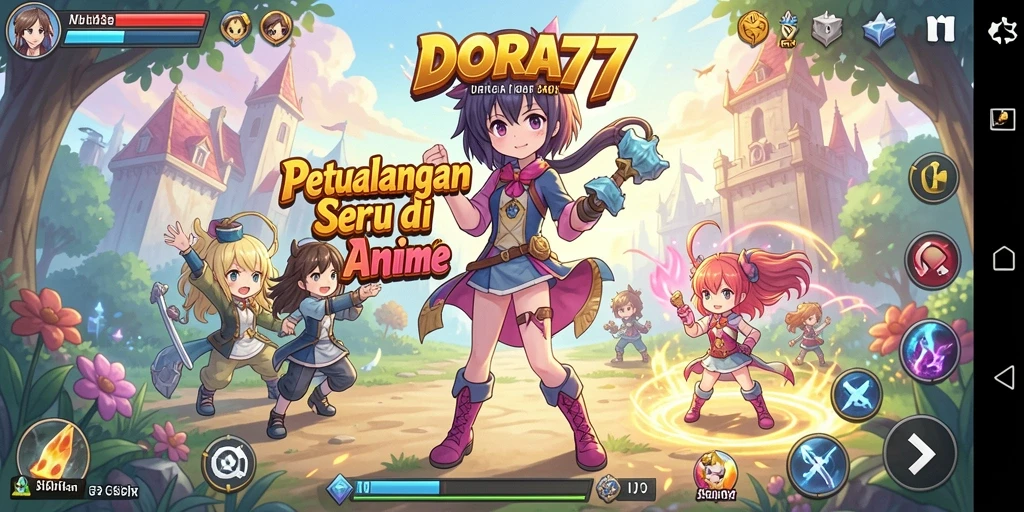 Tampilan gameplay DORA77 yang penuh warna dan karakter menarik.