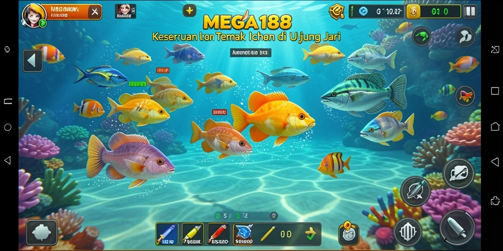 Screenshot utama MEGA188 menampilkan aksi menembak ikan yang seru.