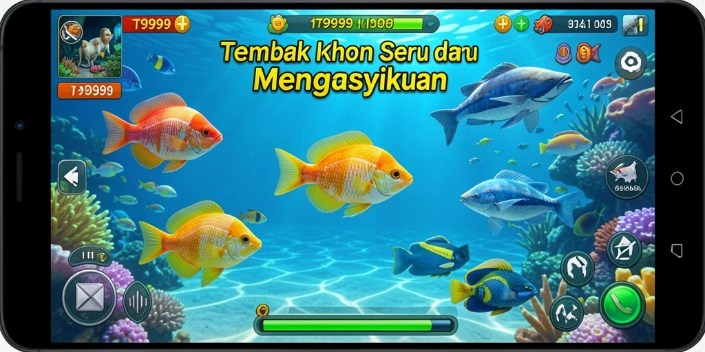 Screenshot dari gameplay T9999 menampilkan aksi menembak ikan yang seru.